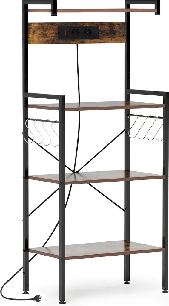 Armário de cozinha com tomadas Estante de micro-ondas de 4 níveis com 8 ganchos 59 x 34 x 136 cm Castanho