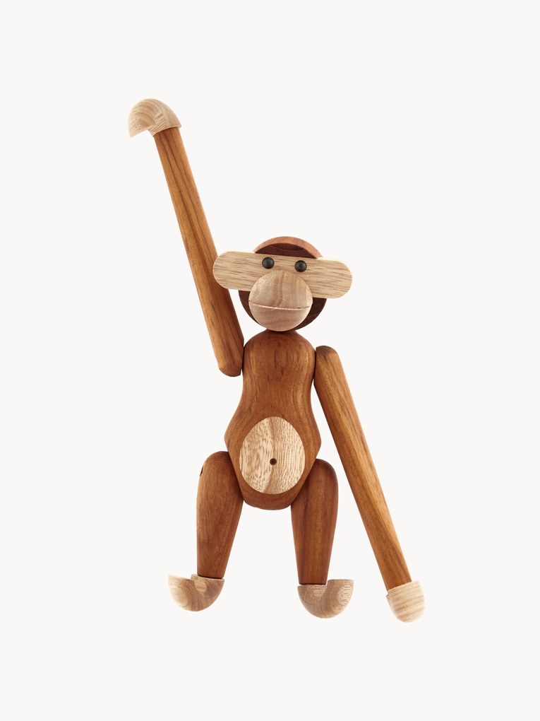 Objeto decorativo artesanal de madeira de teca Monkey, Alt 19 cm