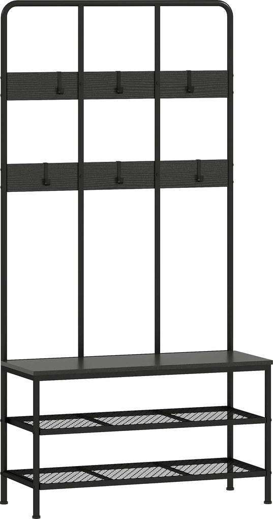 HOMCOM Cabideiro 3-em-1, Ganchos para roupas, Banco, Estante para sapatos, Metal, aglomerado, Preto | Aosom Portugal
