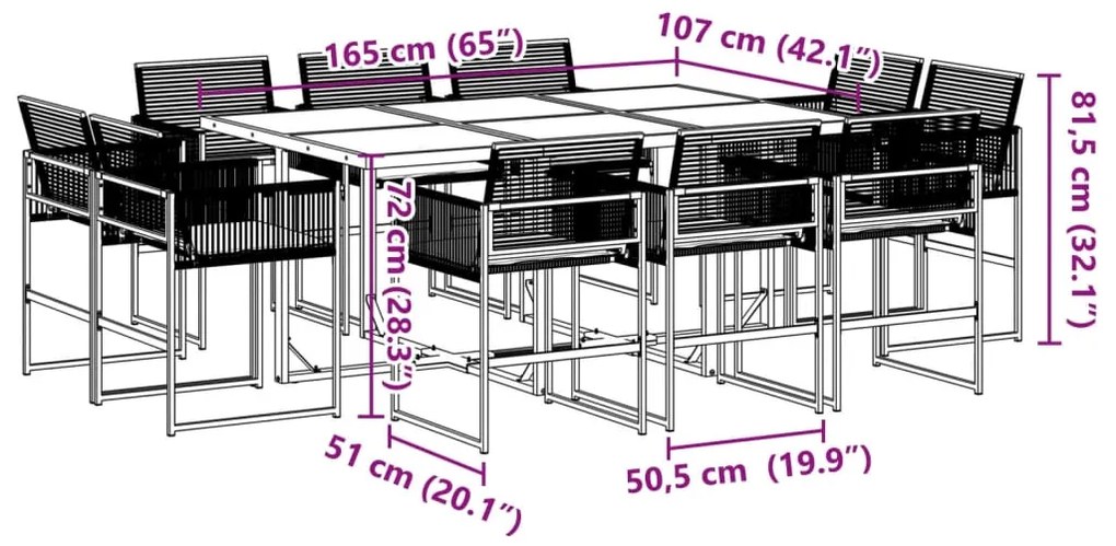 11 pcs conjunto de jantar p/ jardim c/ almofadões vime PE preto
