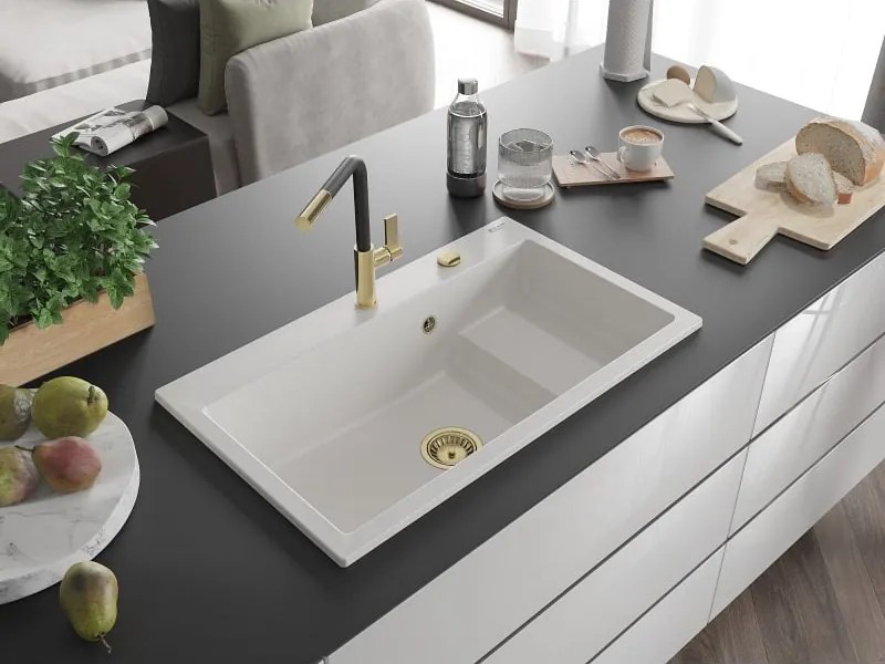Mexen Omar lava-louça de granito de 1 bacia 800 x 480 mm, branco, sifão dourado - 6520801005-20-G