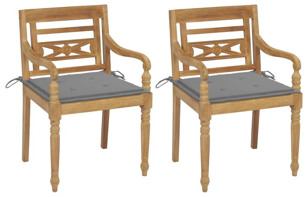 vidaXL Cadeiras Batávia c/ almofadões cinzento 2 pcs teca maciça
