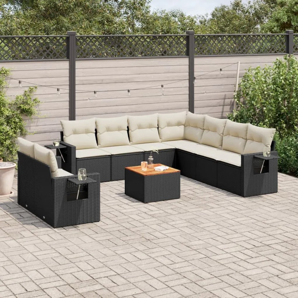 10 pcs conjunto sofás de jardim c/ almofadões vime PE preto