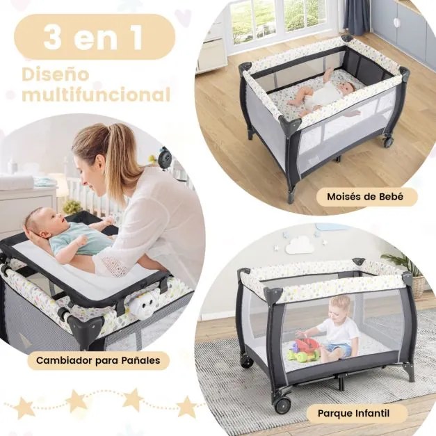 Berço de viagem dobrável 3 em 1 para bebés Cesto de brincar com tapete muda-fraldas Alcofa amovível 125 x 65 x 76 cm Multicolor