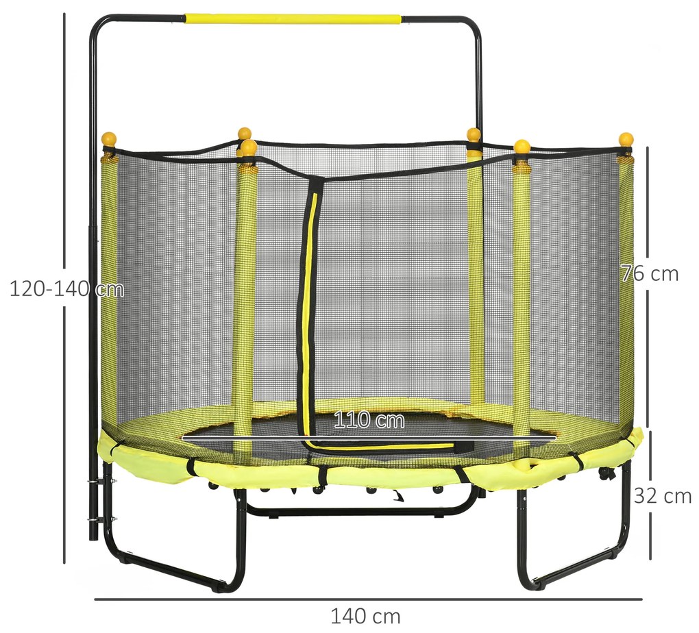 Trampolim Infantil Ø110 cm Trampolim para Crianças de 1-10 Anos com Rede de Segurança Barra Ajustável para Interior e Exterior Ø140x120-140 cm Amarelo