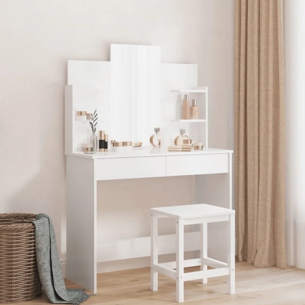 837578 vidaXL Toucador com espelho 96x39x142 cm branco brilhante