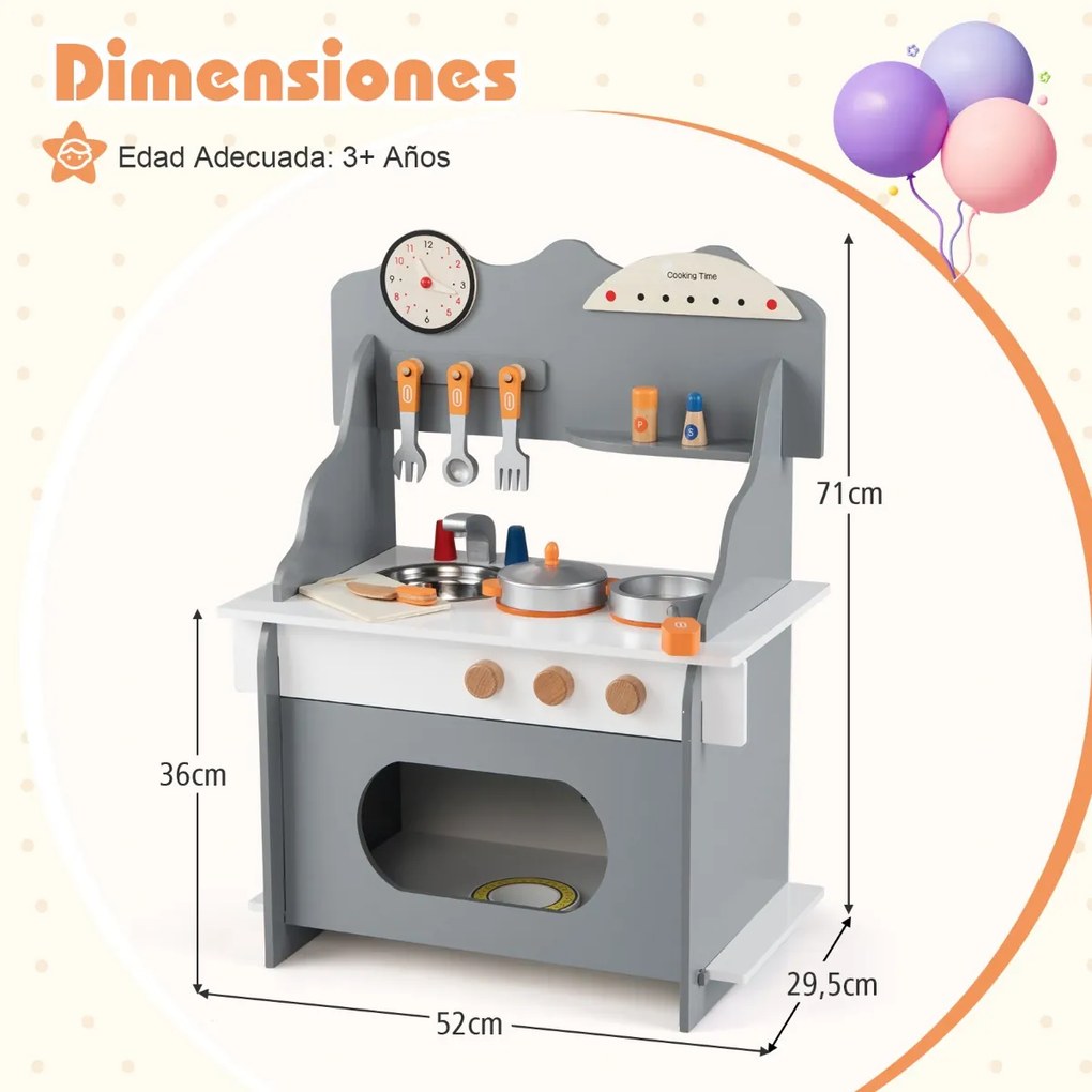 Cozinha de brincar em madeira para crianças 52 x 29,5 x 71 cm com relógio, fogão, prateleira, especiarias, torneira, lava-louças e forno para maiores