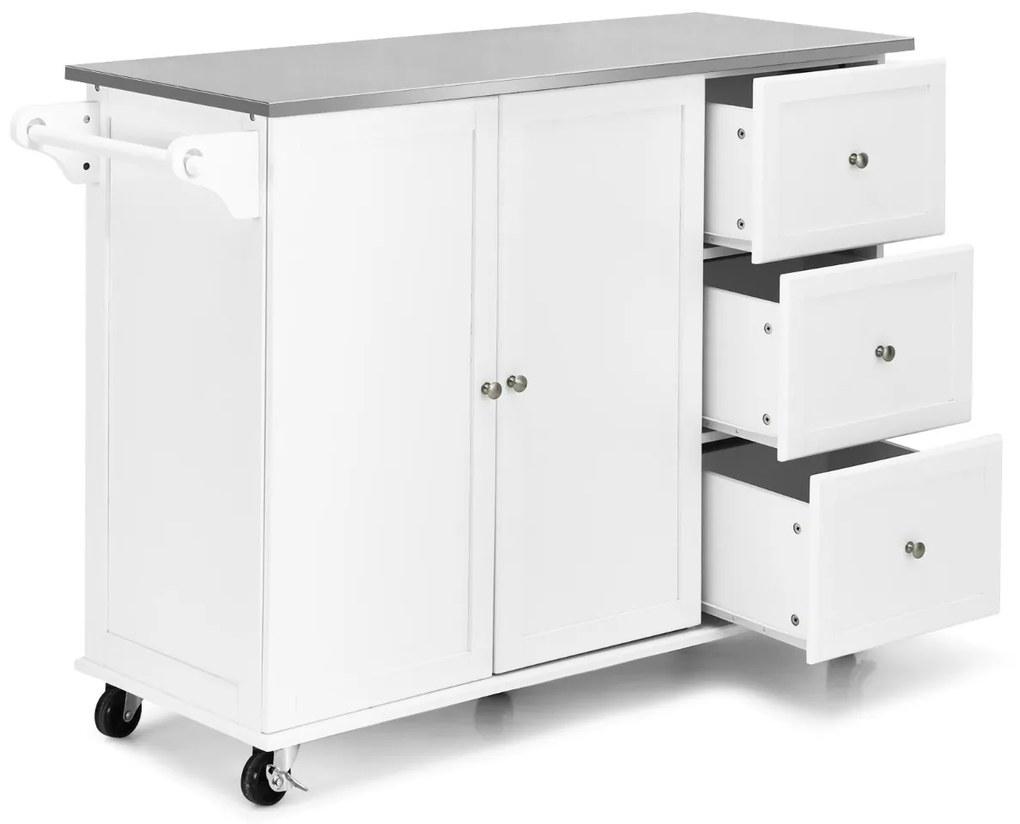Carrinho de ilha de cozinha com bancada em aço inoxidável Estantes ajustáveis Gavetas 135 x 45,5 x 91,5 cm Branco
