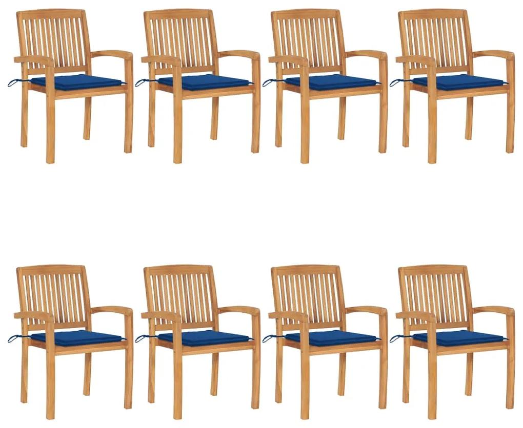 3073250 vidaXL Cadeiras de jardim empiháveis c/ almofadões 8 pcs teca maciça