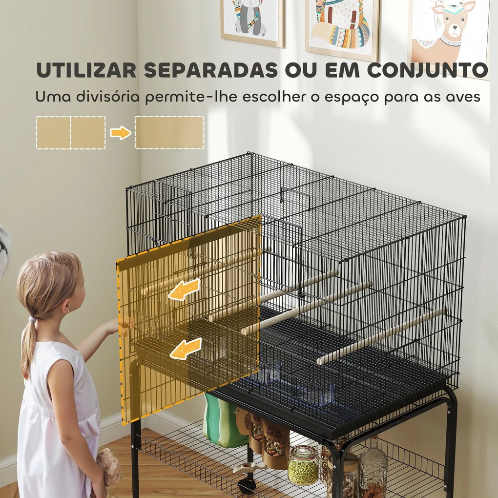 Gaiola para Pássaros com Divisória Rodas Gaiola para Aves com Comedouros Poleiros e Bandeja Removível 94x57x128 cm Preto