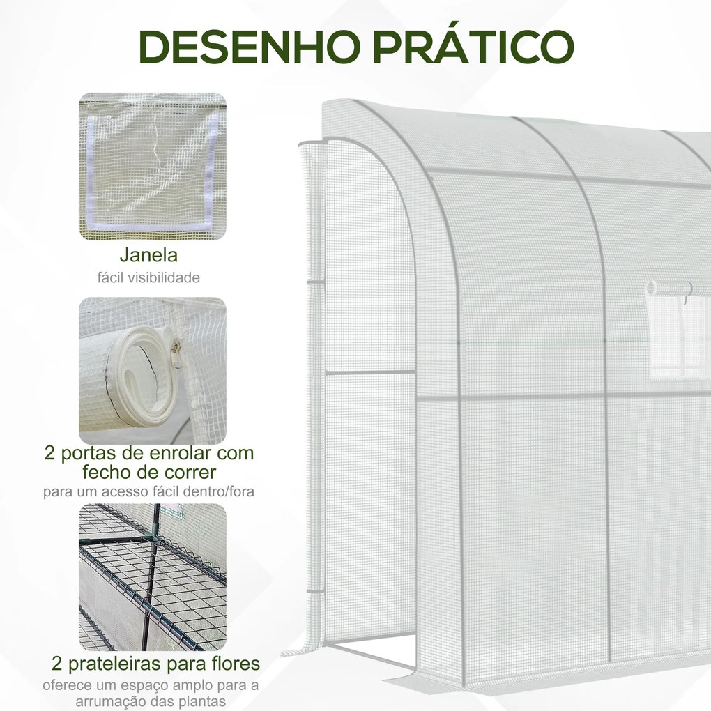 Estufa Pequena Estufa de Exterior com Janelas Prateleiras de 3 Níveis Estufa para Cultivo de Plantas Flores 200x100x215 cm Branco