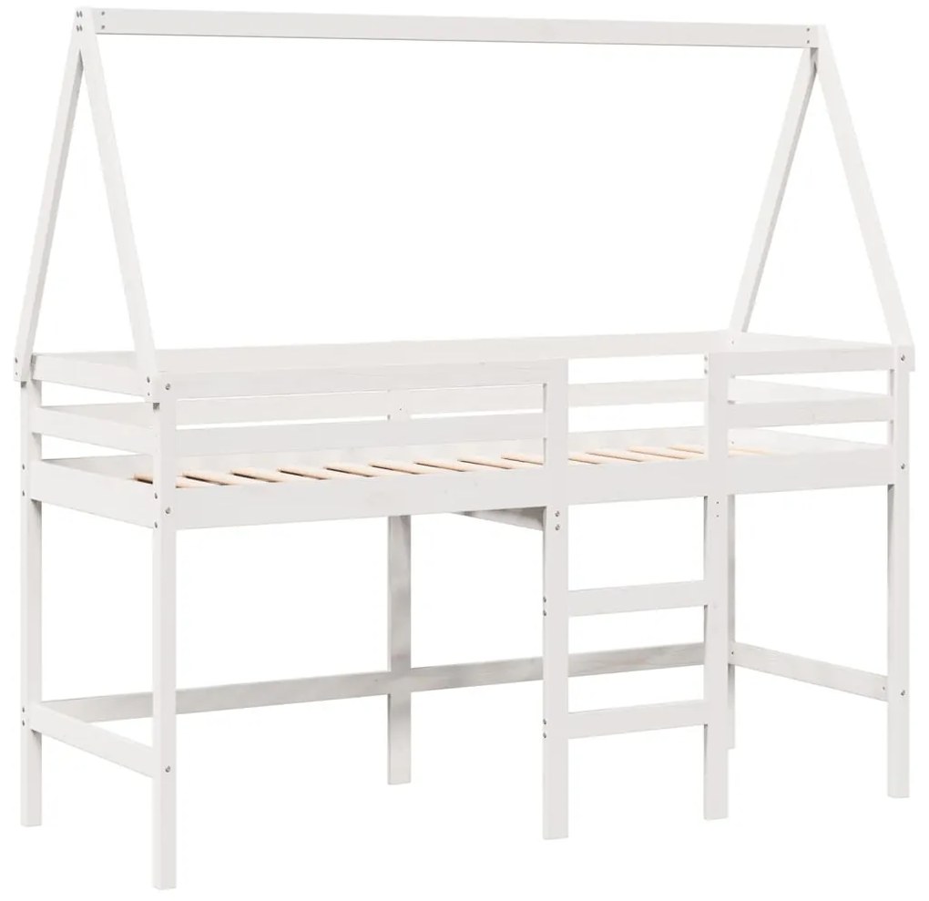 Cama alta c/ escada e telhado 80x200 cm pinho maciço branco