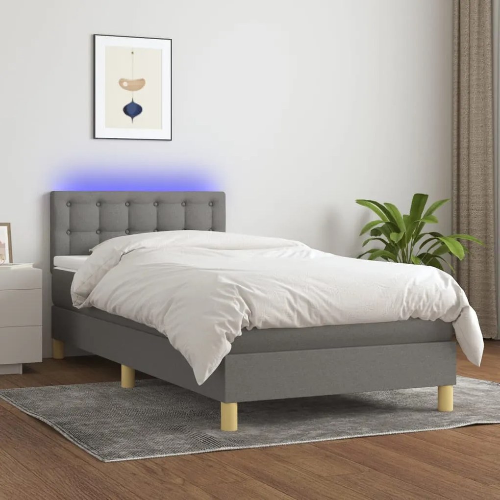 Cama box spring c/ colchão e LED 80x200 cm tecido cinza-escuro