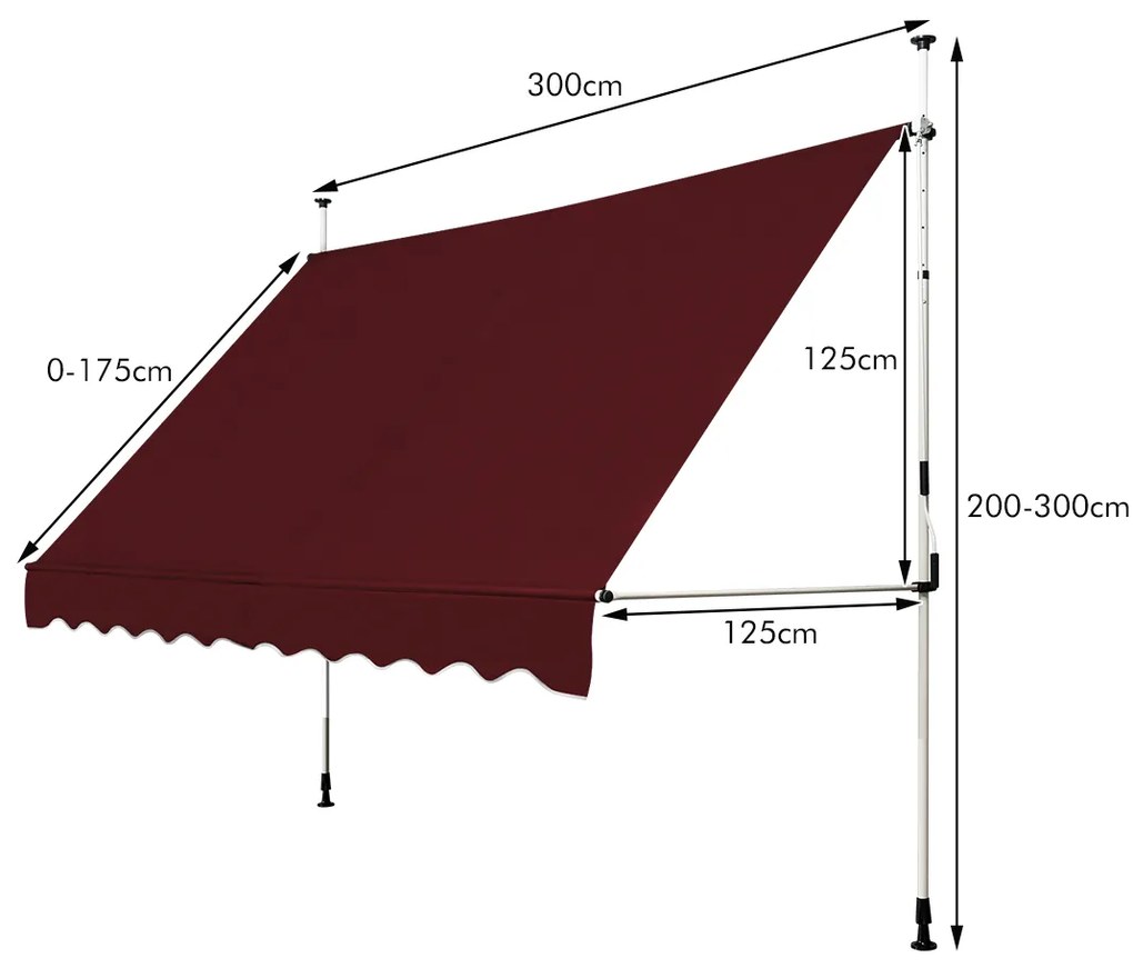 Toldo Telescópico e Retrátil 300 x 120 cm Resistente aos Raios UV Impermeável com Manivela Manual e Altura Ajustável para Janela Varanda Cor Vinho