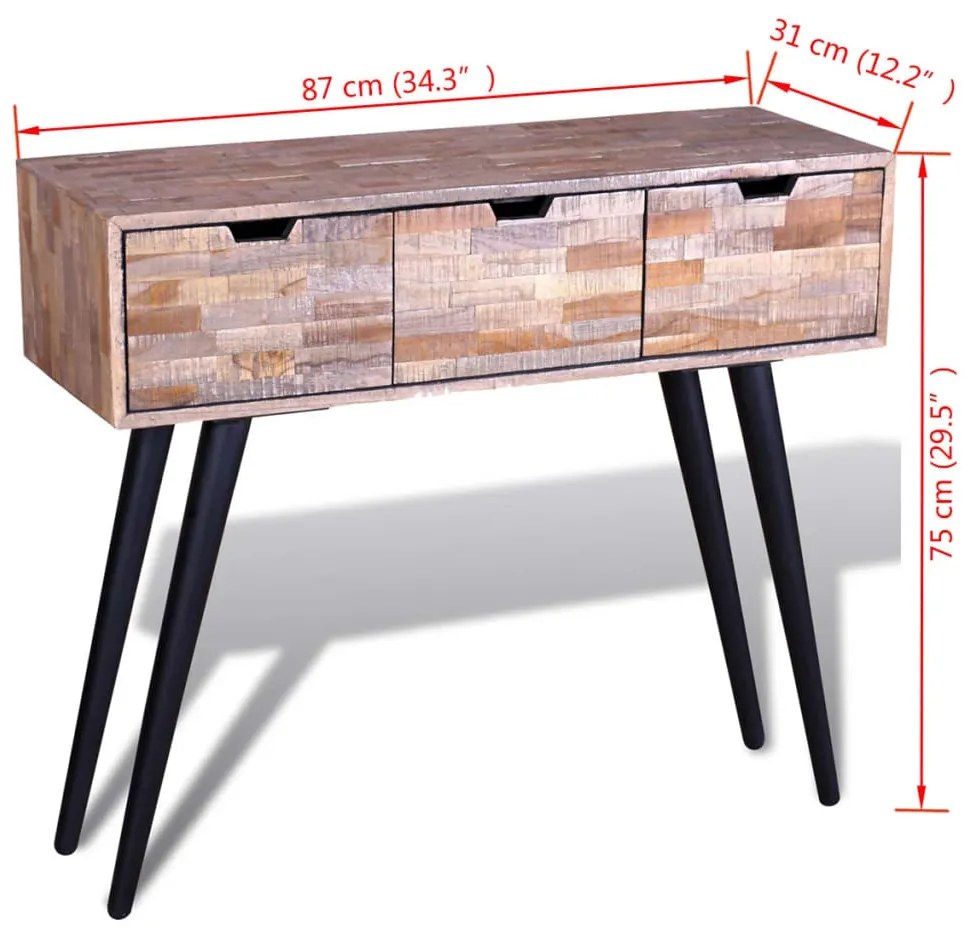 Mesa consola com 3 gavetas, madeira de teca reciclada