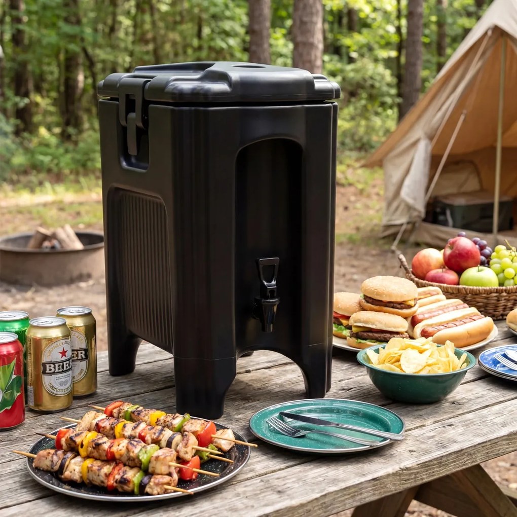Dispensador bebidas térmico de 16,5 L com torneira antigotejamento e pega de transporte 46 x 30 x 51 cm para campismo, festas e catering Preto