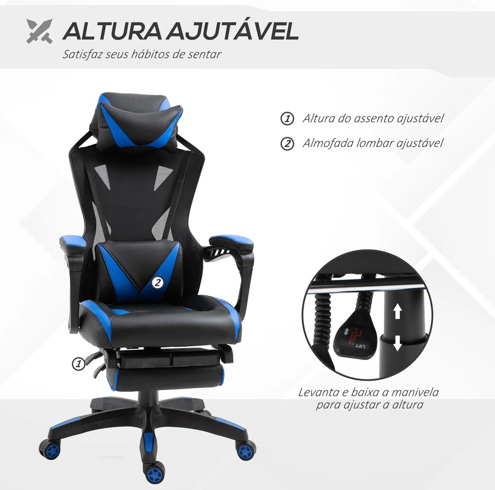 Cadeira Gaming Ergonómica Cadeira Gaming para Escritório com Altura Ajustável Encosto Regulável Almofada Lombar Apoio para os Pés Retráteis 65x70x117-