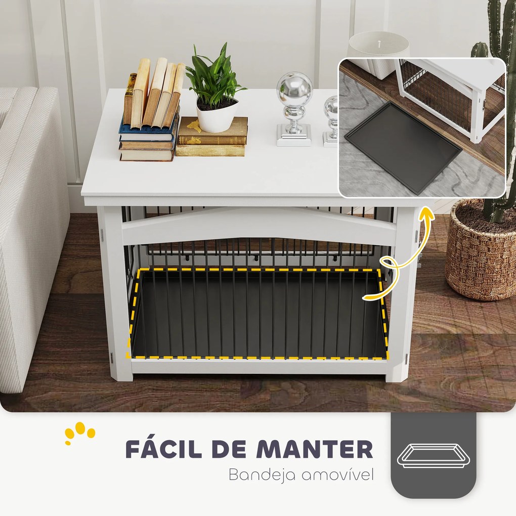Gaiola para Cães Médios 3 em 1 Mesa Auxiliar Gaiola para Cães com Porta Trava Tampa Superior  82,5x57,5x59,5 cm Branco