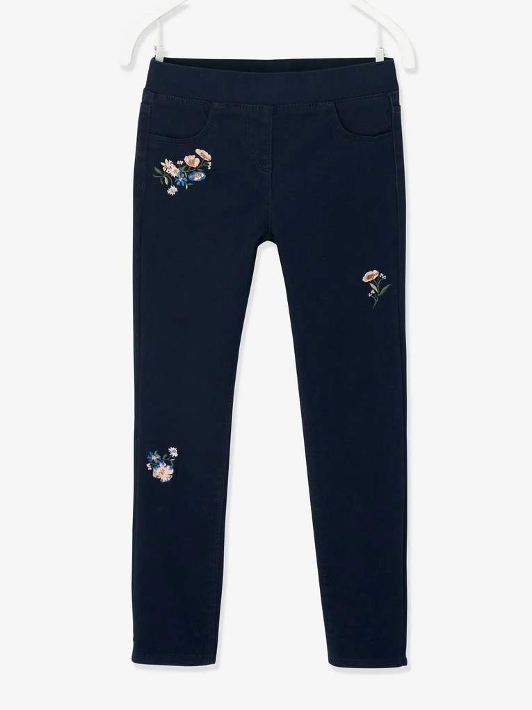 Treggings com flores bordadas, para menina azul escuro liso com motivo