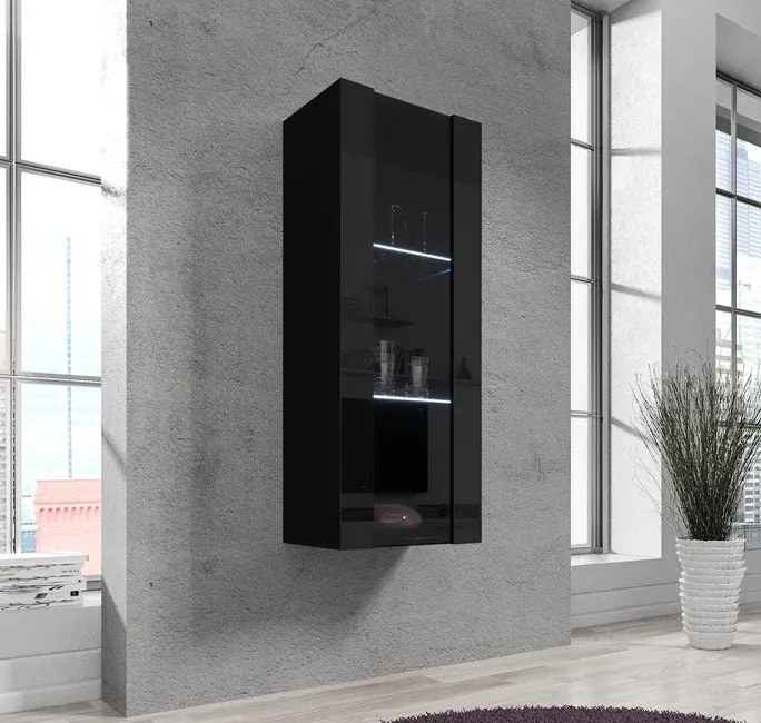 Vitrine de Parede Fiolhal – 40x126 cm – Preto Alto Brilho com LED Azul