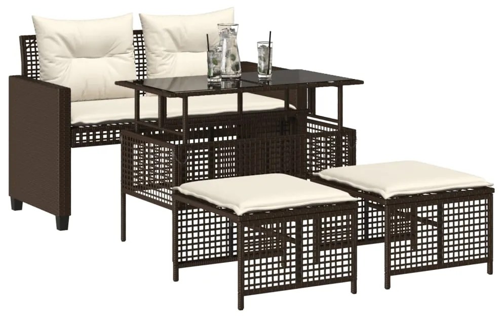 4pcs conj. sofás de jardim c/ almofadões vime PE/vidro castanho