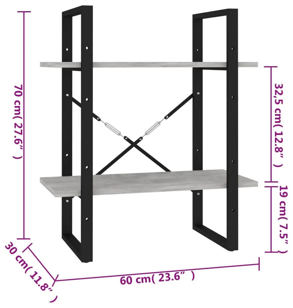 Estante 2 prateleiras 60x30x70cm contraplacado cinzento cimento