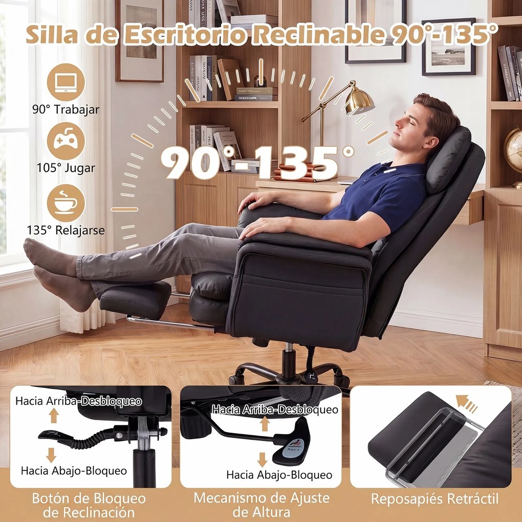 Cadeira de Escritório com Apoio para os Pés, 63-114 x 78 x 118-125 cm, Encosto Reclinável, Preto