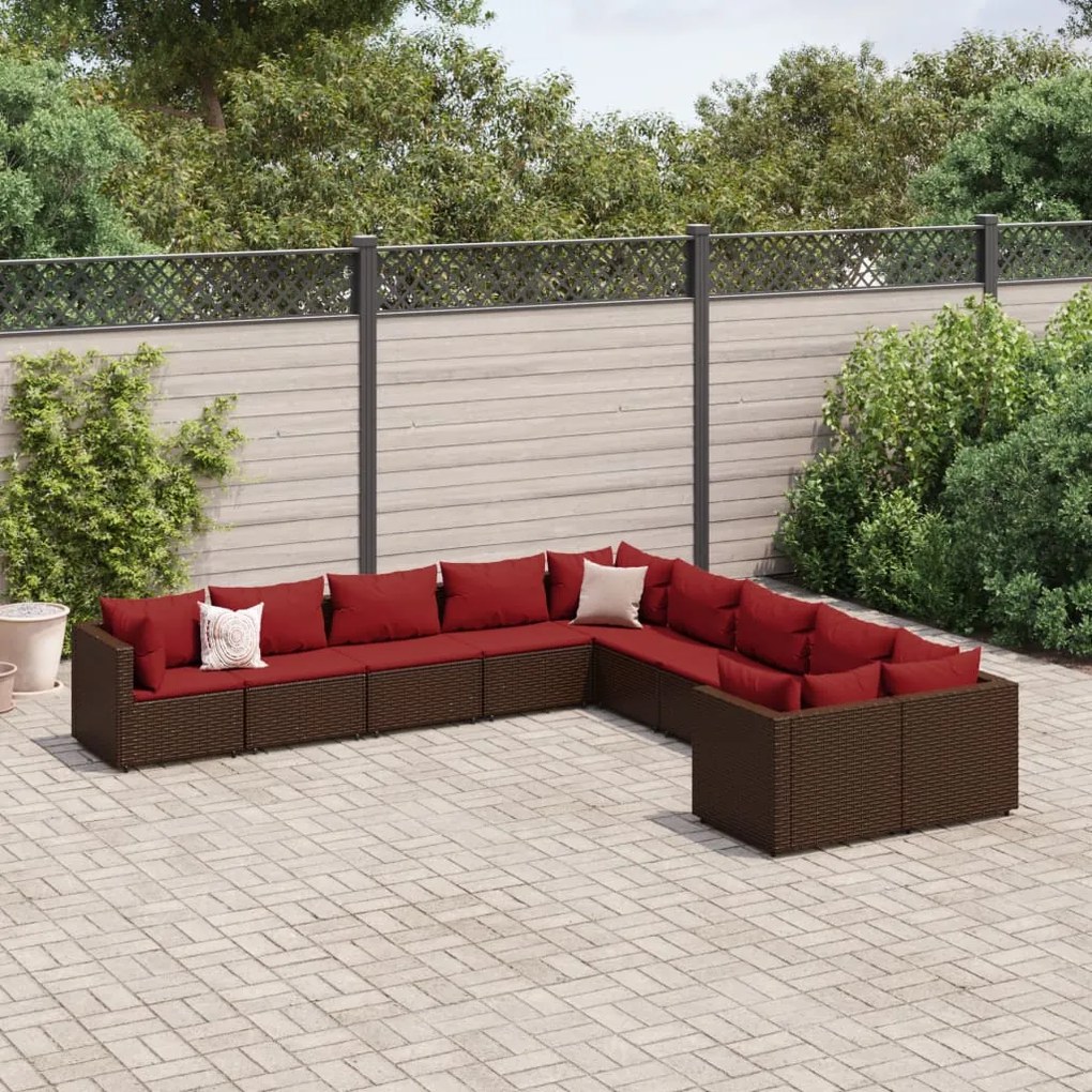 vidaXL 10 pcs conj. sofás jardim com almofadões vime PE castanho