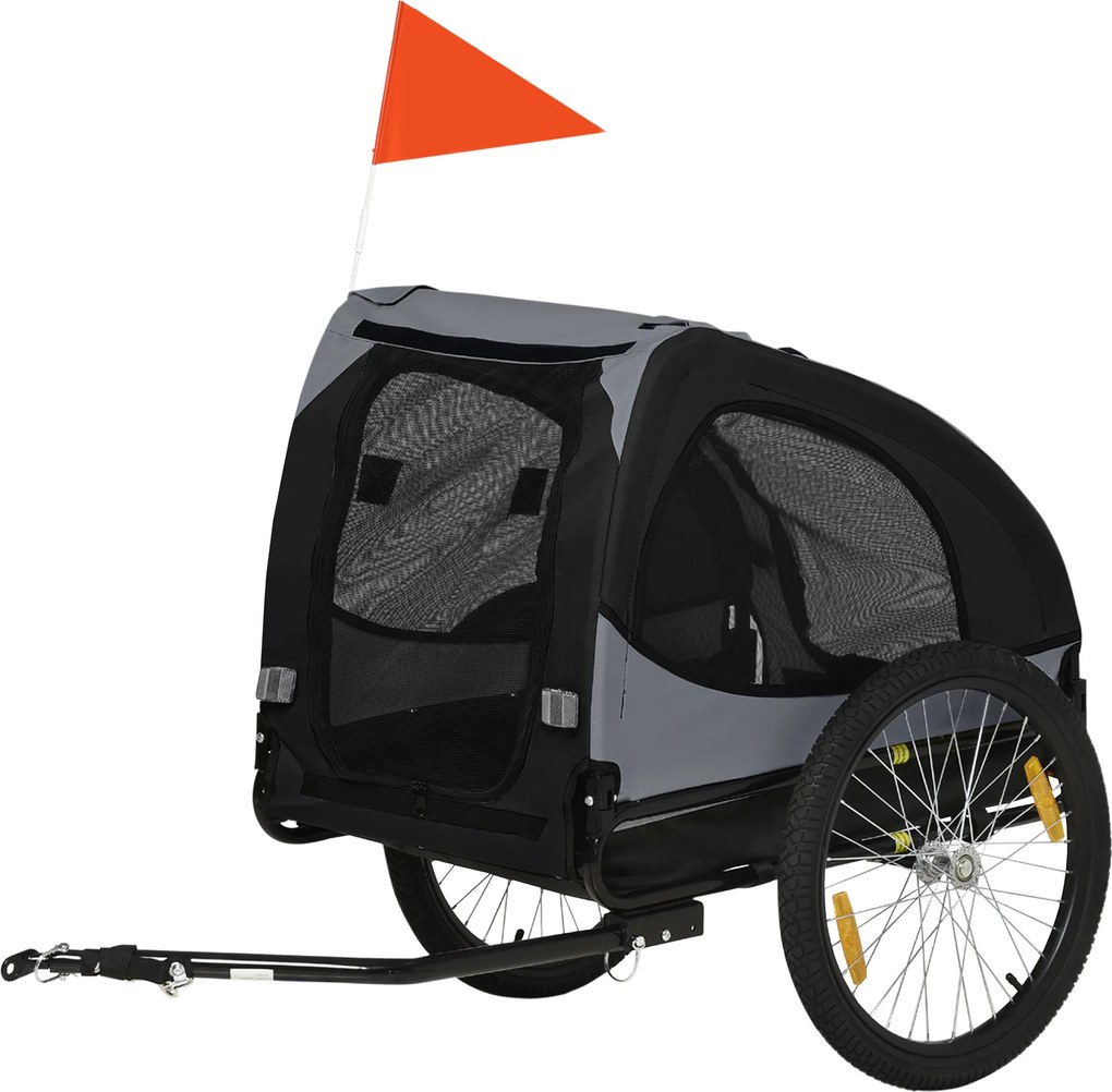 Reboque de bicicleta para cães com janelas em malha, refletores e bandeira de segurança, 140 x 71 x 83 cm, preto