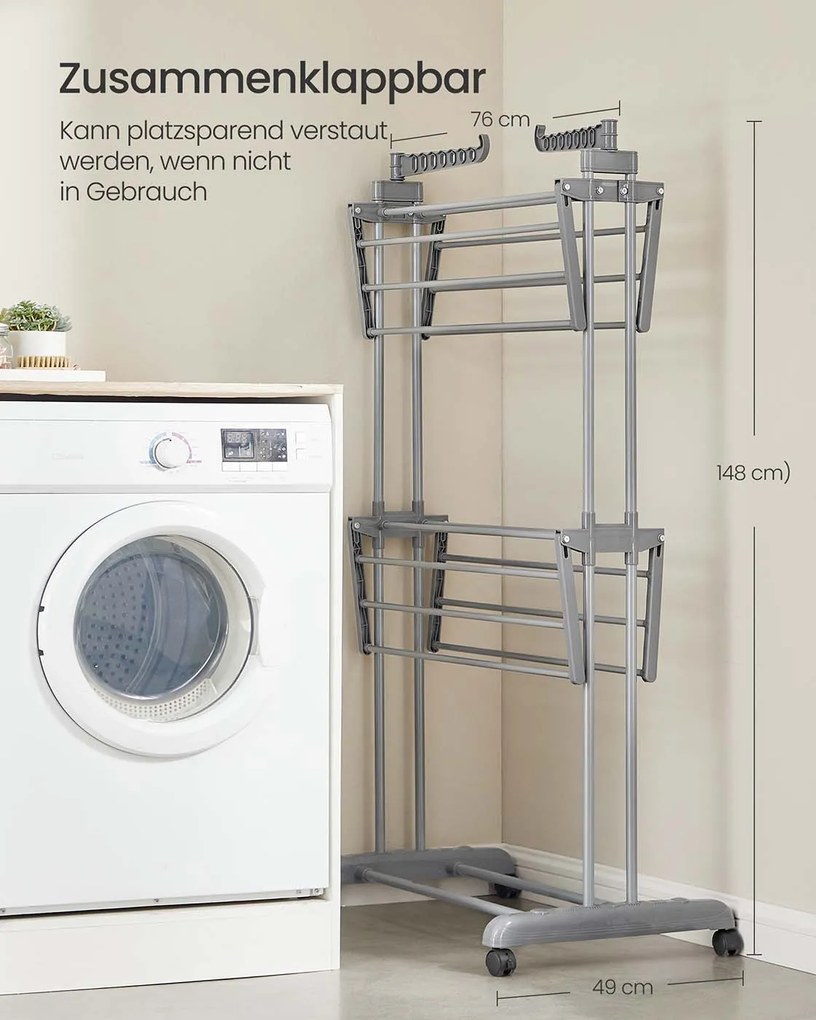 Estendal roupa com 4 níveis 63,5 x 128 x 173 cm cinzento
