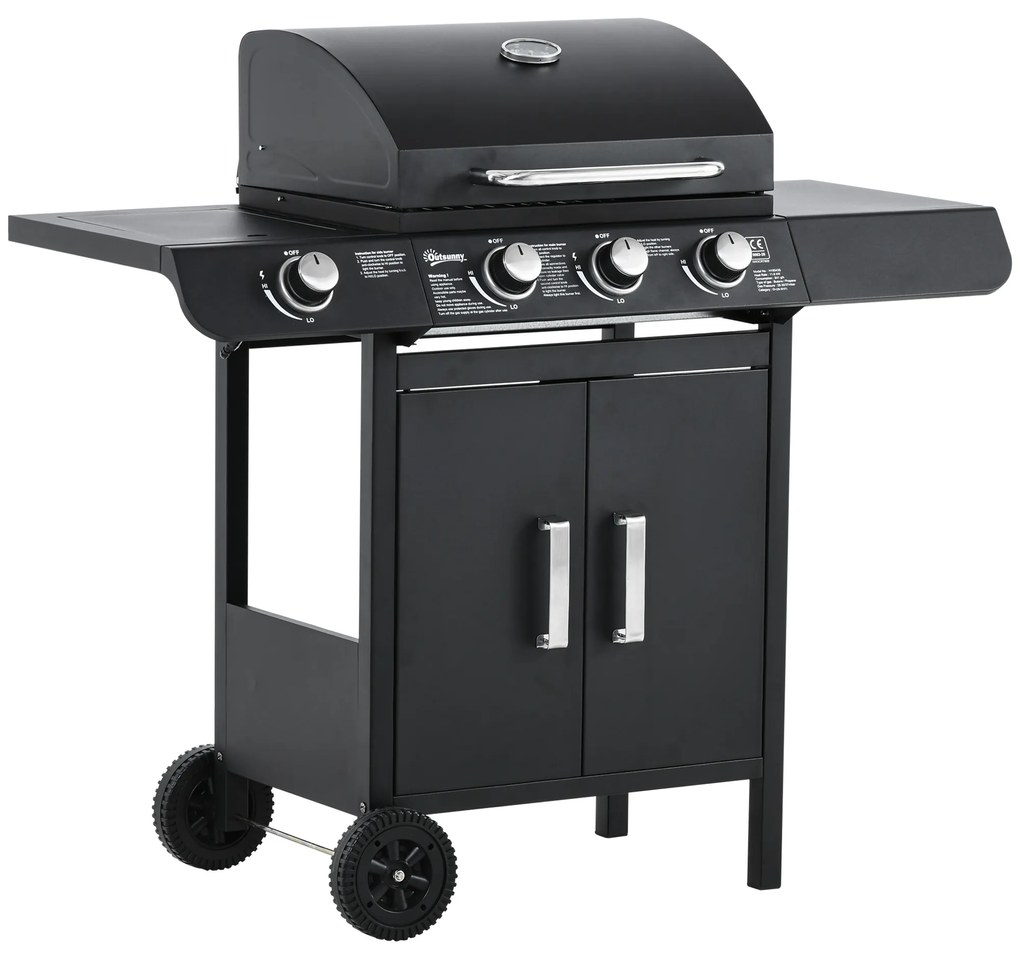 Outsunny Barbecue a Gás com 3+1 Queimadores 11,6KW 2 Mesas Laterais Armário de 2 Portas Termômetro e 2 Rodas Aço Inoxidável 110x50x100cm Preto