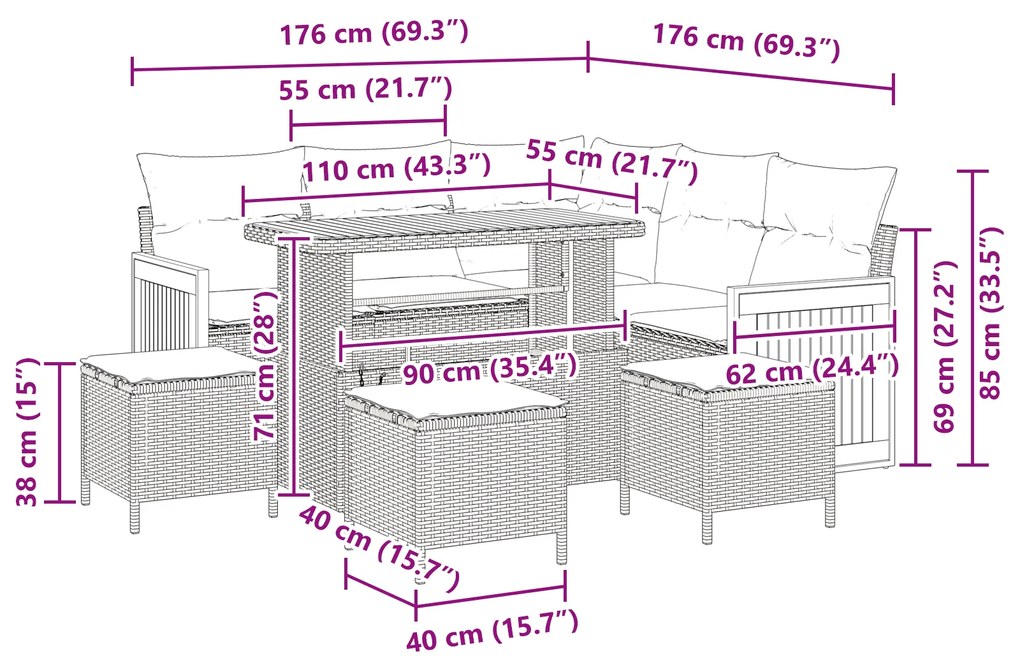 Conjunto de Sofá de Jardim vidaXL com Almofadas Preto Rattan Poli Acác