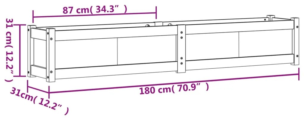 Vaso/floreira de jardim 180x31x31 cm pinho maciço branco