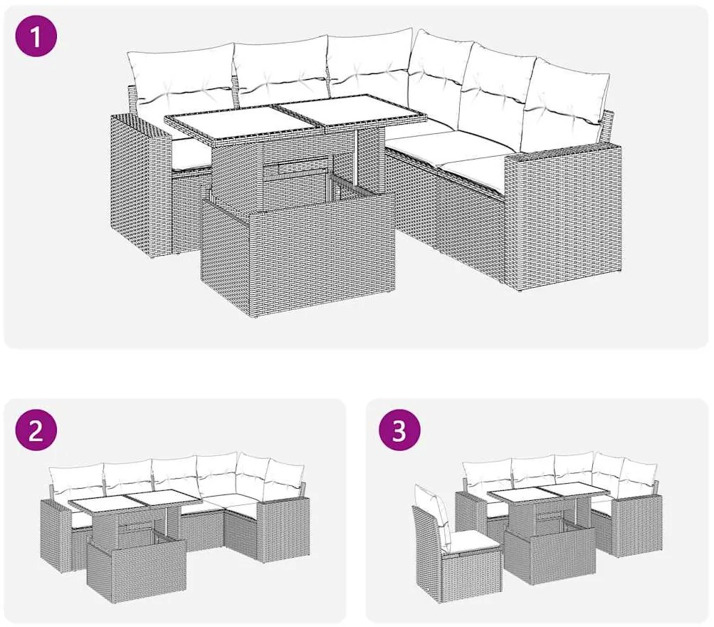 6 pcs conjunto sofás de jardim c/ almofadões vime PE preto