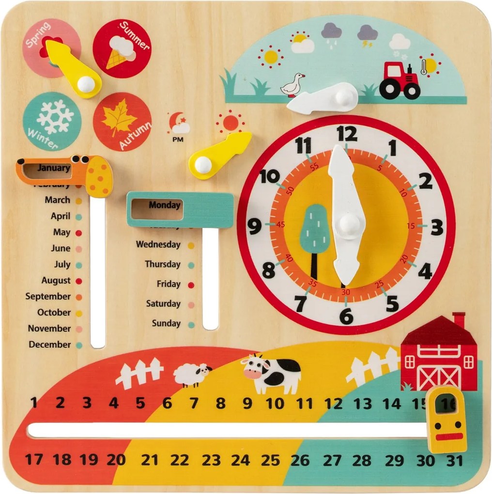 Brinquedo de madeira Montessori para crianças pequenas Relógio educativo para aprender sobre as estações e as datas Calendário multicolorido