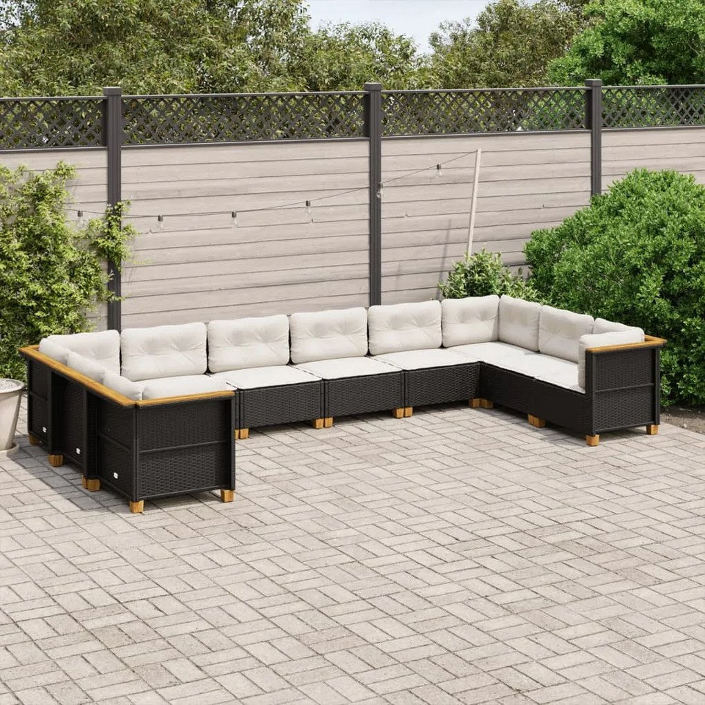 10 pcs conjunto sofás de jardim c/ almofadões vime PE preto