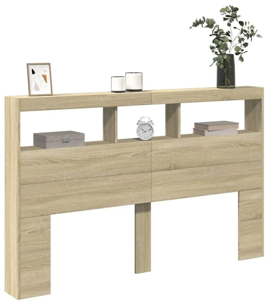 Armário de cabeceira c/ luzes LED 160x17x102 cm carvalho sonoma