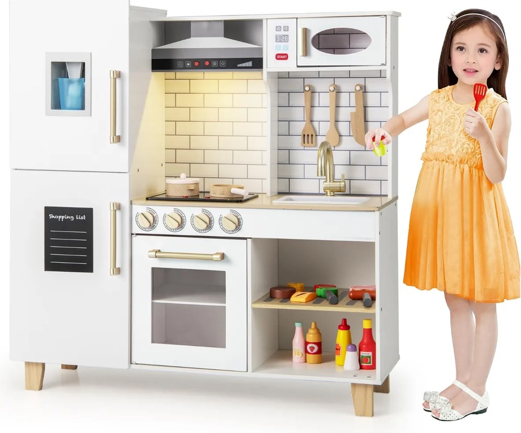 Cozinha de brincar para crianças em madeira 92 x 30 x 98 cm com luzes e sons Máquina de gelo Exaustor Quadro para crianças 3+ anos Branco