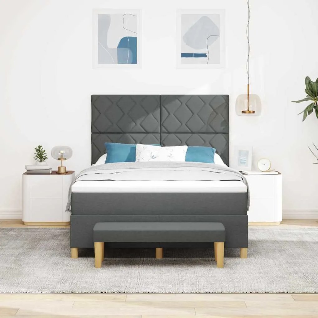 Cama Box Spring com Colchão e Banco Cinza Escuro 140x200 cm Tecido