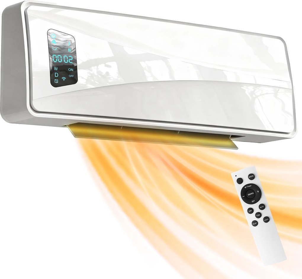 Aquecedor Elétrico de Baixo Consumo de Parede 2000W com 3 Modos Ecrã LED Termostato Temporizador e Oscilação 54x18,7x14,5 cm Branco