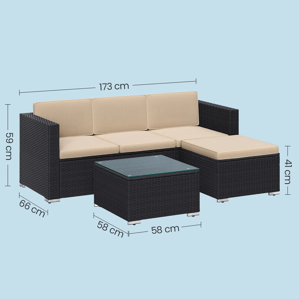 Conjunto de jardim, mobiliário de pátio em Polyrattan, mobiliário de varanda com almofadas e mesa de vidro Preto-Taupe