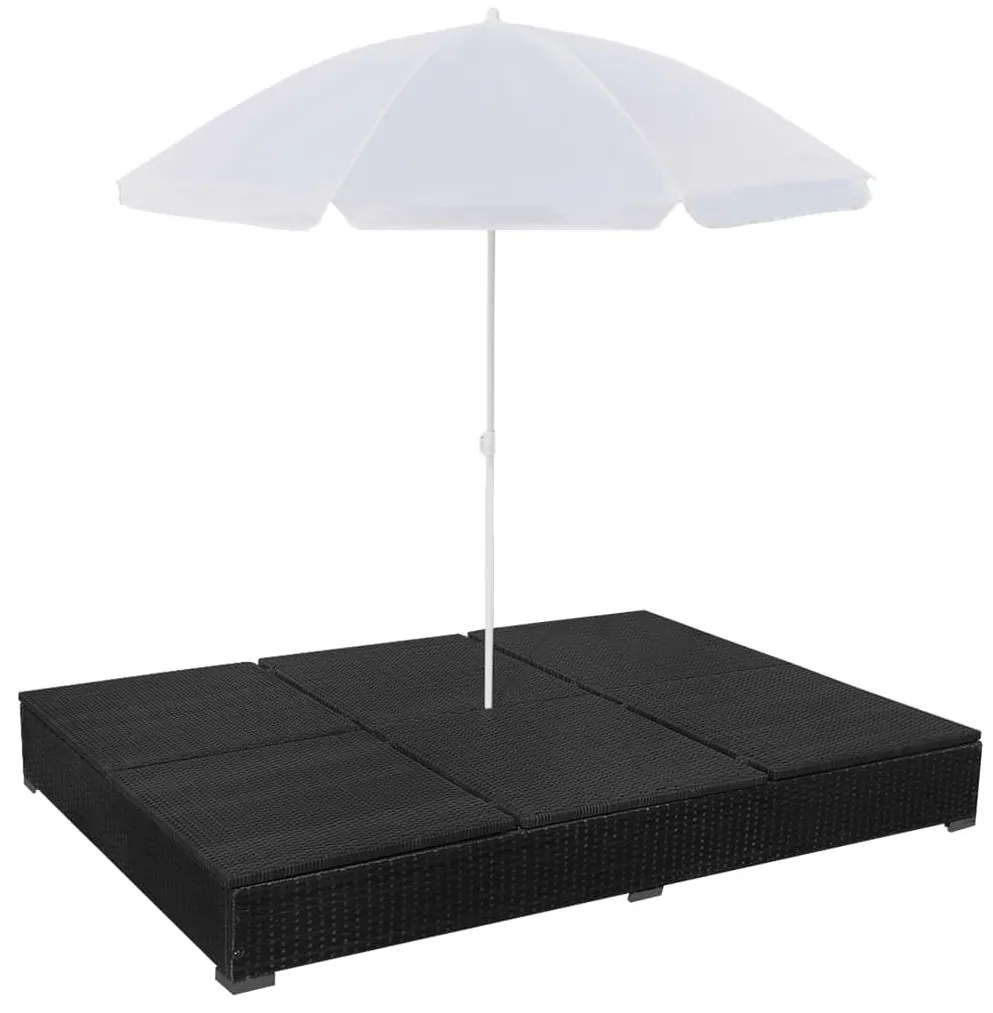 Espreguiçadeira de exterior com guarda-sol vime PE preto