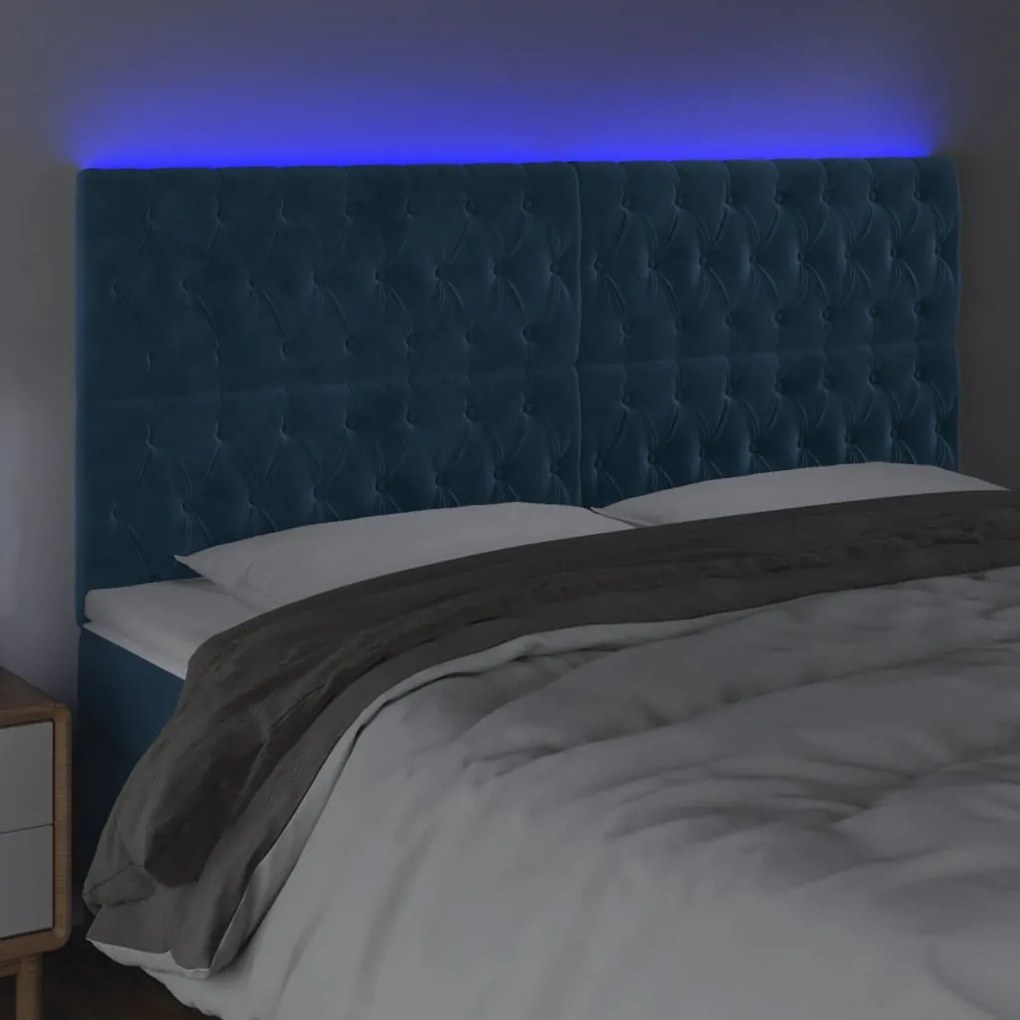 Cabeceira cama c/ luzes LED veludo 200x7x118/128cm azul-escuro