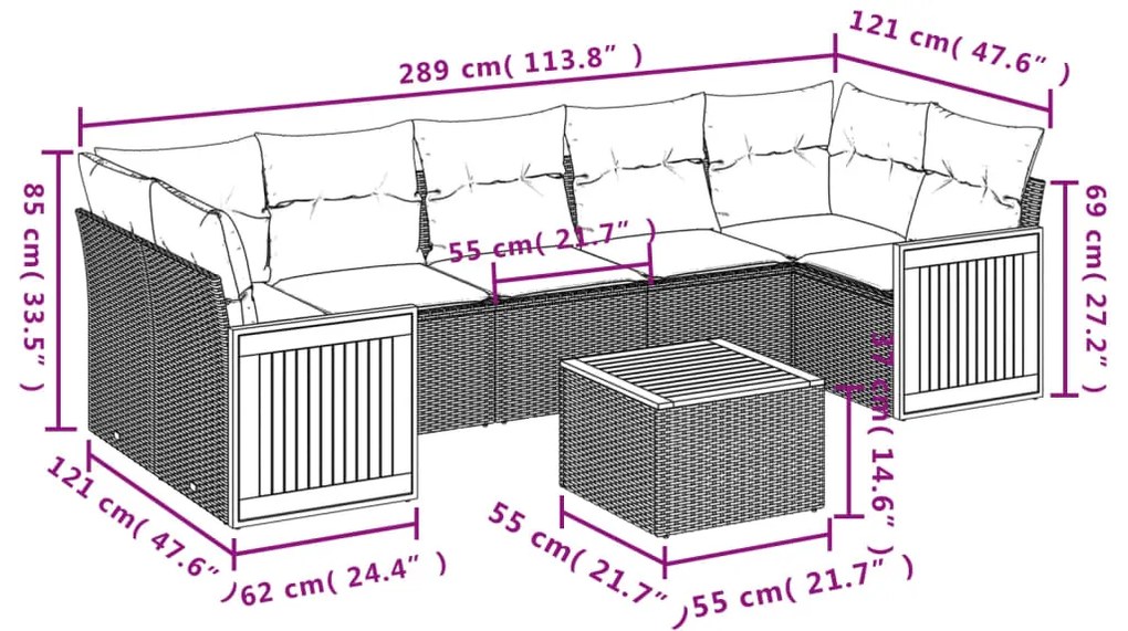 8 pcs conjunto de sofás p/ jardim com almofadões vime PE bege