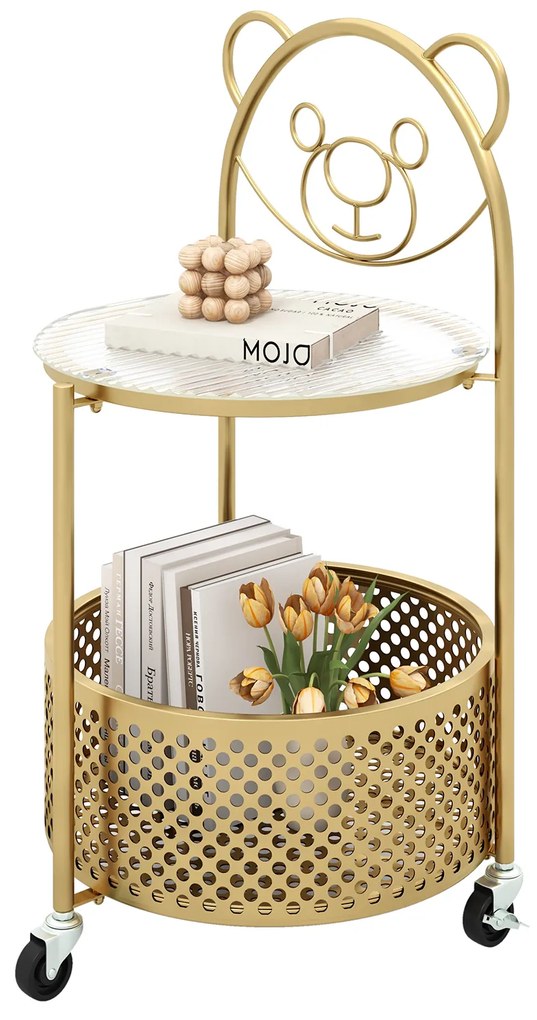 Mesa de centro móvel de vidro com 2 andares e estampa de urso - branca