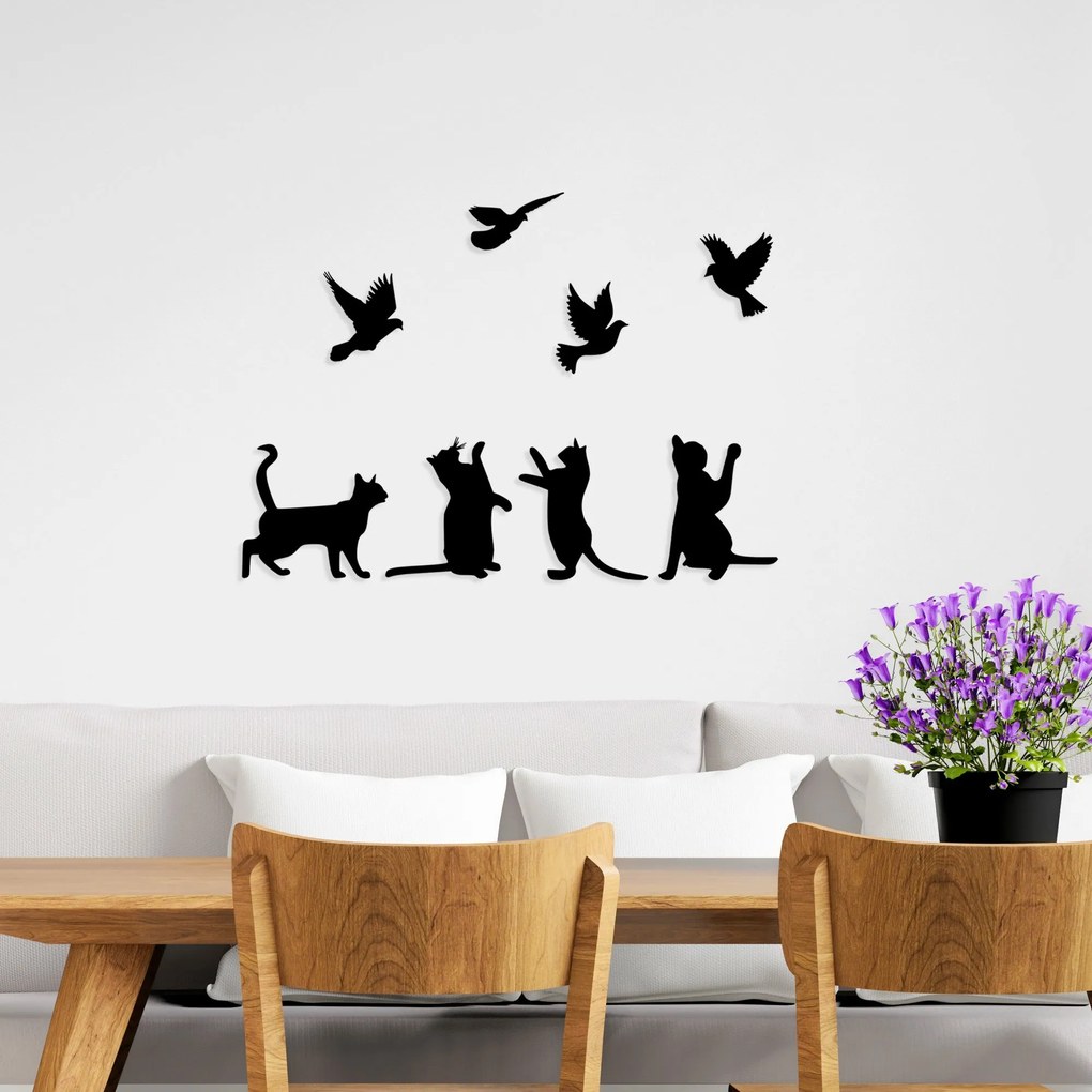 Acessório de Parede Decorativo em Metal Birds Playing With Cats – Pret