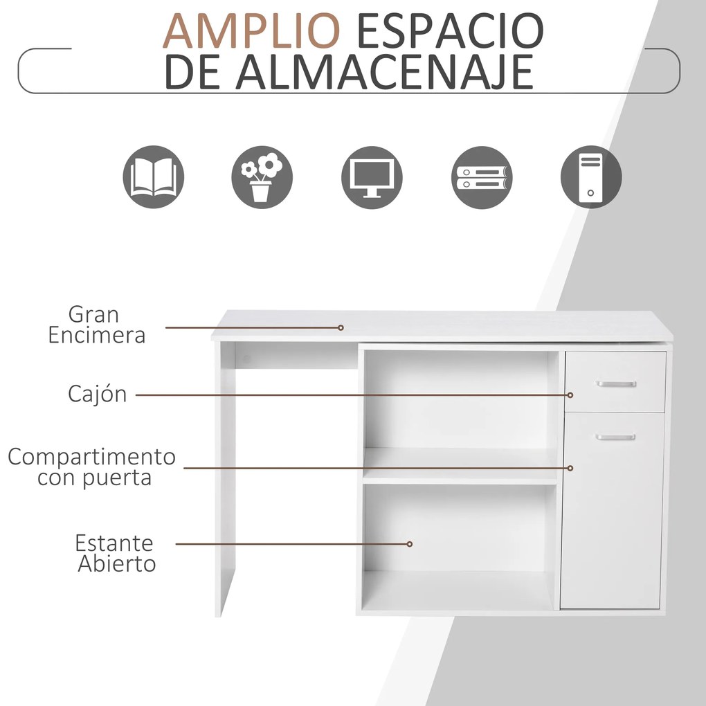 HOMCOM Secretária de Canto Secretária Giratória 180º com 2 Prateleiras 1 Gaveta 1 Armário para Escritório Casa 117x82x74cm Branco