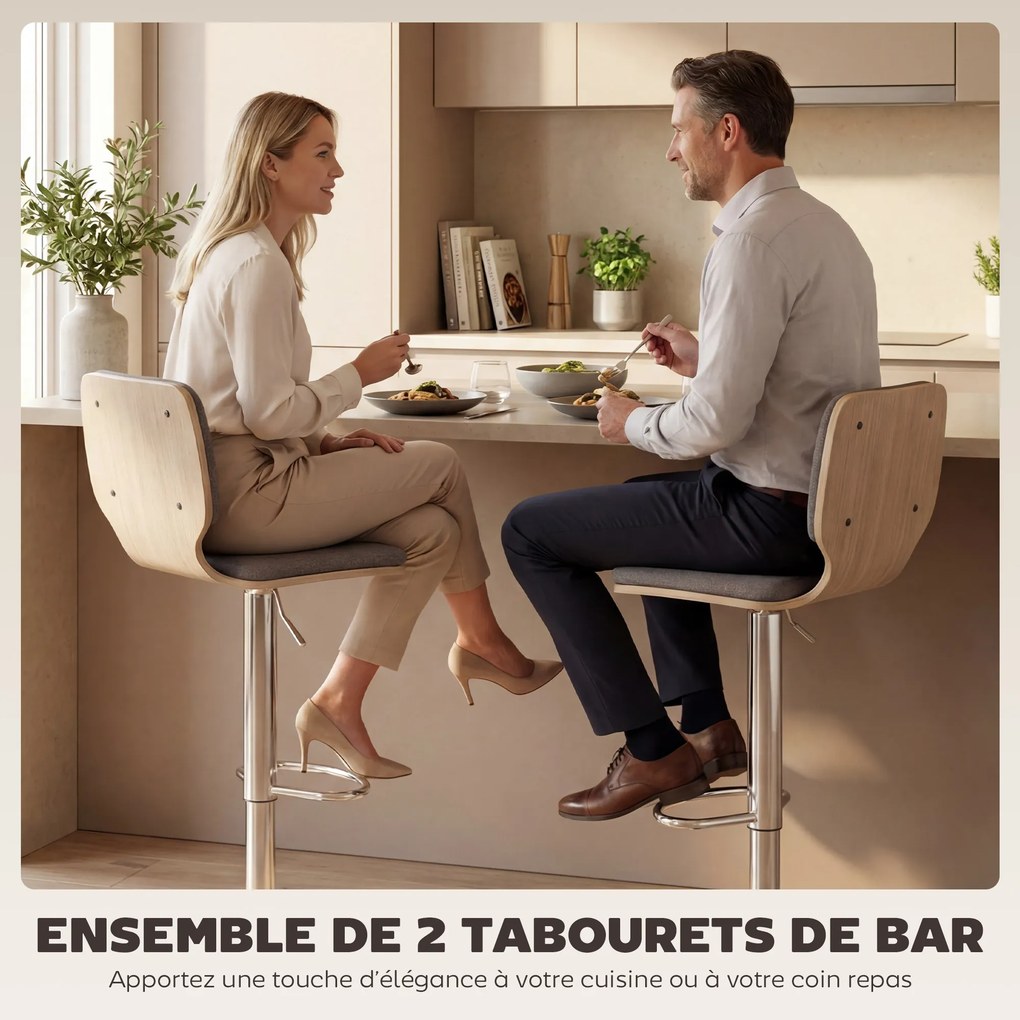 Conjunto de 2 bancos de bar, com altura ajustável, encosto e apoio para os pés, giratórios a 360°, 41 x 47,5 x 81-102 cm, cinzento