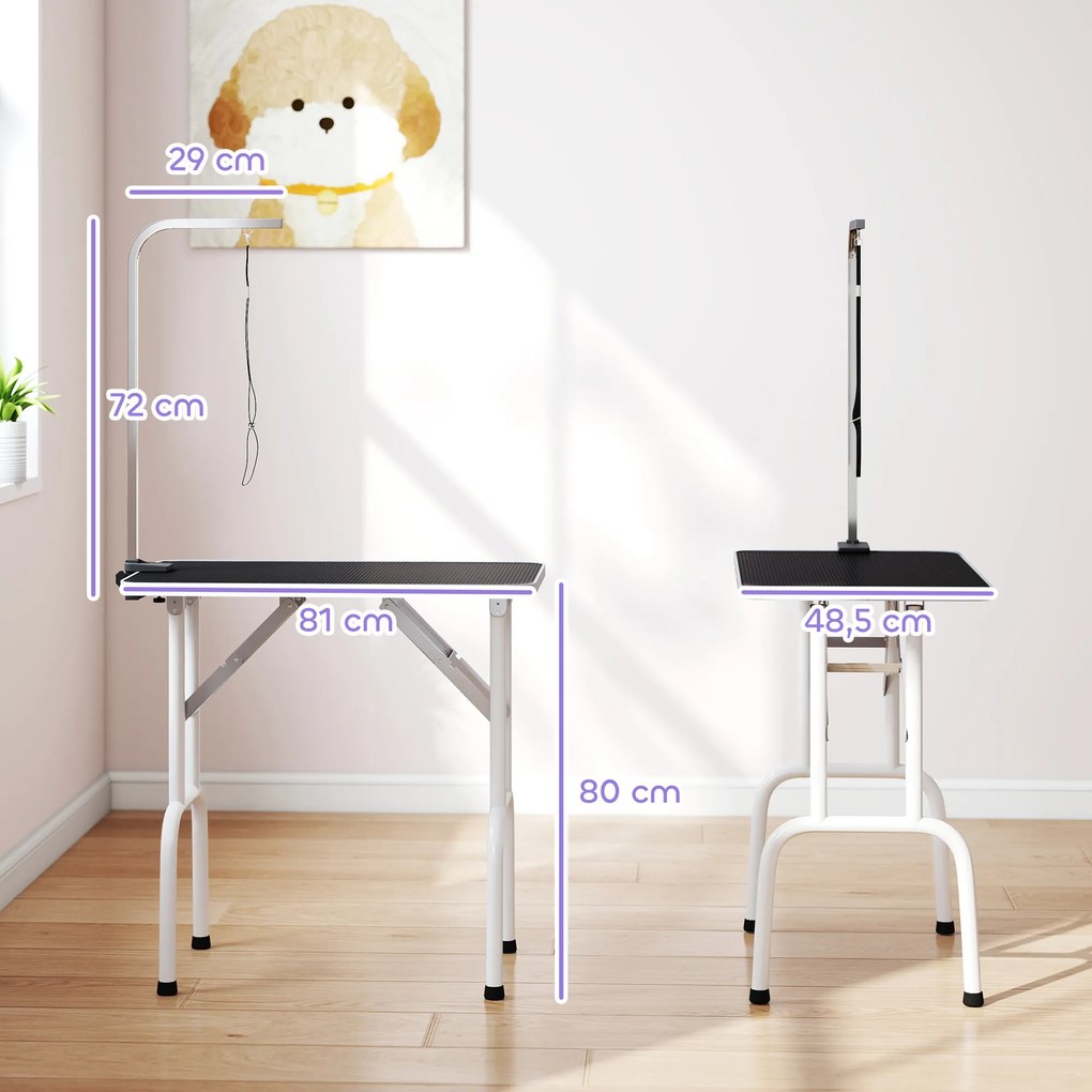 Mesa de Tosquia Dobrável para Cães com Tampo Antiderrapante e Braço Ajustável, 81 x 48,5 x 80 cm, Preta