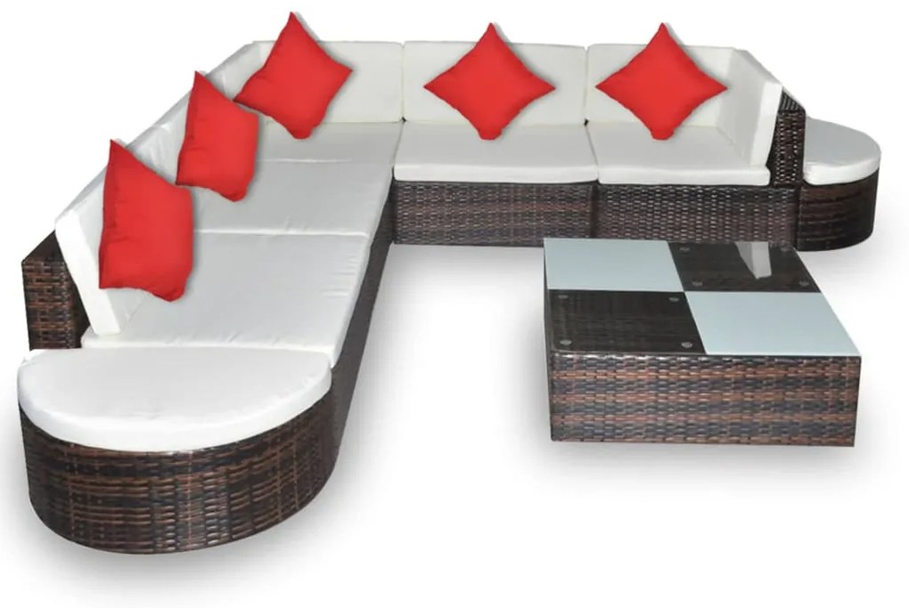8 pcs conjunto lounge jardim c/ almofadões vime PE castanho